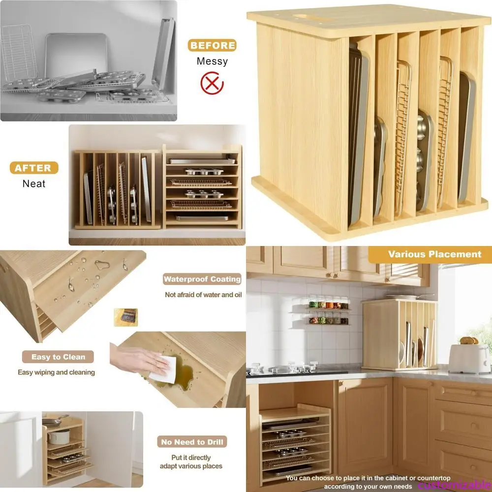 Wooden 7-Tier Cabinet Dividers - Kitchen Cabinet Baking Organizer บทวิจารณ์และราคา
