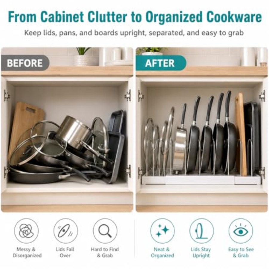 Pot Rack:Expandable Pan Organi - Kitchen Cabinet Baking Organizer บทวิจารณ์และราคา